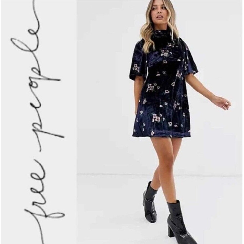 Free People Be My Baby Velvet A-Line Mini Dress Black Floral Size 4